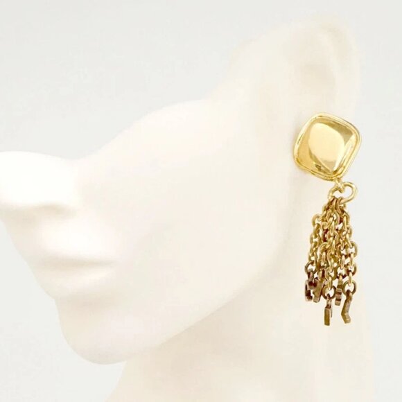 CHANEL CC Logos Fringe Dangle Clip-On Earrings Gold Tone Auth w/Box #1824 - Picture 2 of 6